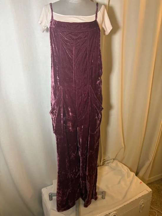 Free People Velvet Jumpsuit Wide Leg Burgundy Boho Overalls Adjustable Large - Picture 2 of 11